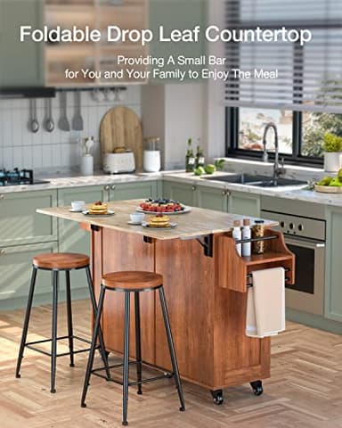 Qsun Kitchen Island with Drop Leaf and Storage, on Wheels Two Drawers, Large Storage Cabinet, Towel Rack Spice Cart Brown - Image 8