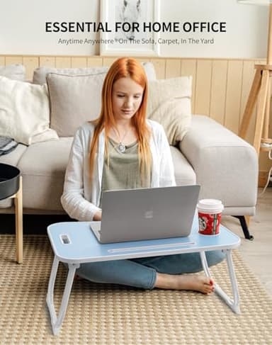 ZEAPTAC Laptop Bed Desk, Foldable Lap Table, Portable Study Table, Laptop Stand with Cup Holder & Tablet Slot & Lifting Handle for Working Writing Drawing & Eating - Blue - Image 4