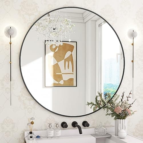 BEAUTYPEAK 30 Inch Round Mirror, Metal Frame Circle Mirror, Wall Mounted for Entryway, Bathroom, Vanity, Living Room, Black - Image 1