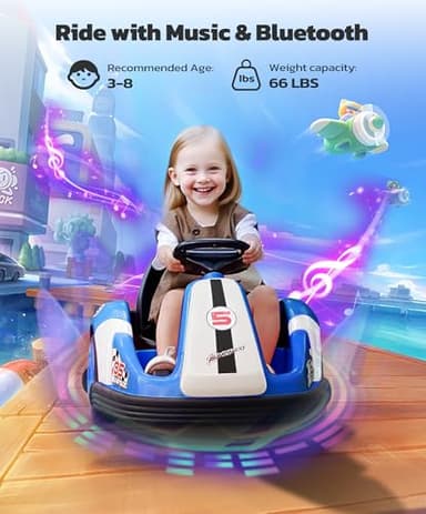 ELEMARA 12V Kids Bumper Car with Big Wheel, 2.2 Mph Max, Toddler Bumper Cars with Remote, Baby Bumping Toy Car with DIY Stickers,360 Degree-Spin, Music, Bluetooth,LED Lights, Blue - Image 7