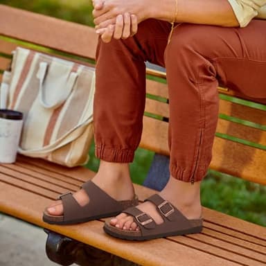 Litfun Women's Cork Footbed Sandal Summer Slip On Slide Sandals with Adjustable Buckle, Brown Size 9 - Image 2