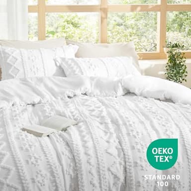 Bedsure Tufted Boho Comforter Set Queen Size - Bright White Boho Bed Set, GentleSoft™ 3 Pieces Farmhouse Shabby Chic Embroidery Bedding, Gifts for Woman, Soft Jacquard Queen Comforter for All Seasons - Image 5