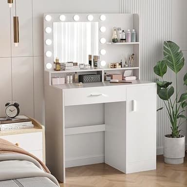 Vanity Desk with Mirror & Lights, White Makeup Desk with Drawers & Cabinet, 3 Lighting Modes & 10 Brightness, Vanity for Bedroom & Dressing Room - Image 3