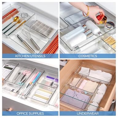 Ravinte 6 Pack Drawer Organizer - 6" X 9" Plastic Storage Bins, Acrylic Organizers with Non-Slip Pads Clear Desk Storage Tray for Makeup, Jewelries, Kitchen Utensils, Bathroom and Office - Image 7