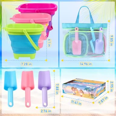 Collapsible Beach Buckets for Kids, Foldable Sand Buckets and Shovels with Mesh Bag, Silicone Sand Pails Travel Beach Toys for Toddlers Easter Egg Hunt, Camping and Fishing Water Pail - Image 2