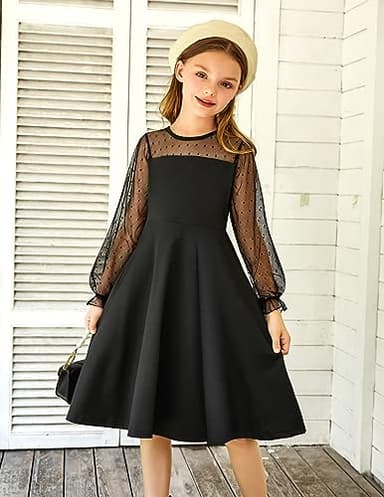 Arshiner Girl's Contrast Mesh Puff Long Sleeve High Waist A Line Black Short Dress with Pockets 9-10 Years - Image 2