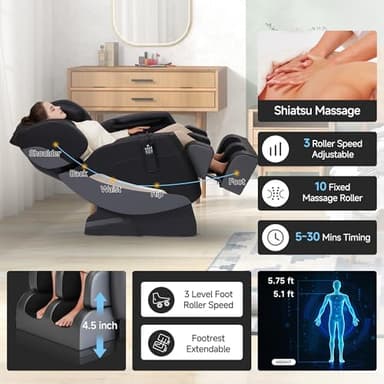SMAGREHO 2025 Zero Gravity Massage Chair Full Body, with 6 Auto Modes, Foot Massage, Waist Heating, Bluetooth, Black - Image 3
