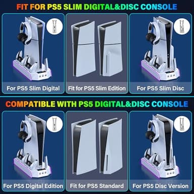 PS5/PS5-Slim-Cooling-Station-with-Controller-Charging-Station for Playstation 5 Console Disc/Digital, LED Light Cooling Stand with Cooler Fan for PS5 Accessories with 3 USB Hubs/Headset Holder - Image 7
