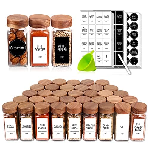 Churboro 24 Spice Jars with 547 Labels - Glass Spice Jars with Shaker Lids - 4 Oz Square Spice Containers with Acacia Wood Lids, Chalk Pen, Funnel- Seasoning Jars for Spice Rack, Cabinet, or Drawer - Image 1