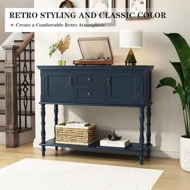 ARTPOWER Console Table with 2 Drawers, Retro Entryway Table with 2 Door Cabinets and Open Storage Shelf, Narrow Long Behind Couch Sofa Table for Living Room, Foyer, Hallway, Blue - Image 6