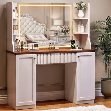 Makeup Vanity Desk with Mirror and Lights, Makeup Vanity Table with Power Outlet, Dressing Table with Storage, Adjustable Shelves, Touch Control – Elegant Retro Design, White Vanity Desk with Lights - Image 1