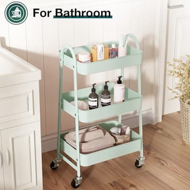 SMUG 3 Tier Rolling Cart - Metal Utility Carts on Lockable Caster Wheels, Mobile Storage Shelves Organizer for Livingroom, Bathroom, Kitchen, Bedroom & Narrow Places, Green - Image 5
