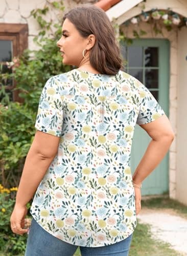 Aodemo Womens Summer Plus Size Tops 2025 Short Sleeve Shirts Henley Loose Fit Tunic Ladies Flowy Blouse 3XL, Macaron Flowers - Image 3