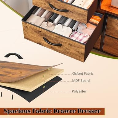 EnHomee Dresser with LED Lights & Power Outlets, 12 Drawers Dresser TV Stand for 60''TV Stand for Bedroom Fabric Dressers & Chest of Drawers, Sturdy Metal Frame, Living Room,Hallway, Rustic Brown - Image 8