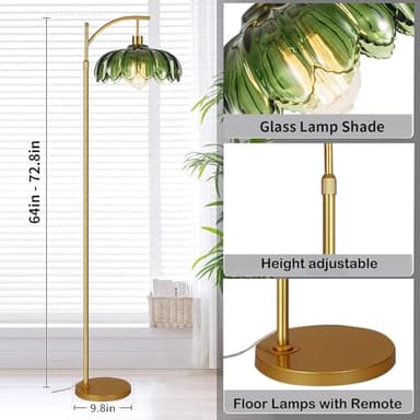 Gold Floor Lamps for Living Room,Glass Floor Lamp with Remote Control & Green Lampshade,Arc Flower Floor Lamp Dimmable Mid Century Modern Standing Lamp Vintage Brass Tall Lamp For Bedroom Corner - Image 5