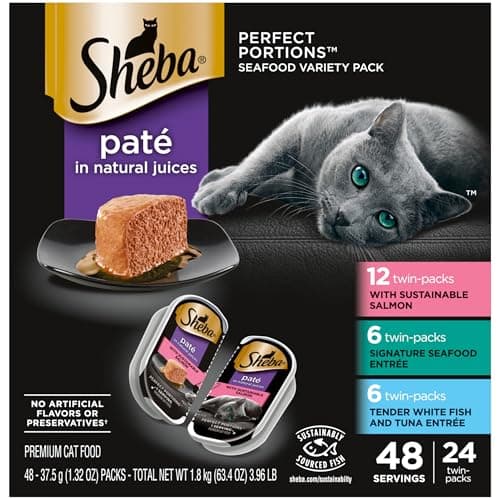 Sheba Perfect Portions Wet Cat Food Pate with Sustainable Salmon, Signature Seafood Entree, and Tender Whitefish and Tuna Entree Variety Pack, 2.6 oz. Twin Pack Trays (24 Count, 48 Servings) - Image 1