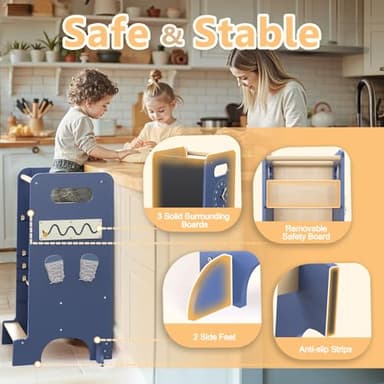 Toddler Tower 4-in-1 Multifunctional Kitchen Step Stool Helper with Removable Safety Board, Adjustable Heights, Slide, Highchair, Chalkboard, Montessori Games-Blue - Image 2