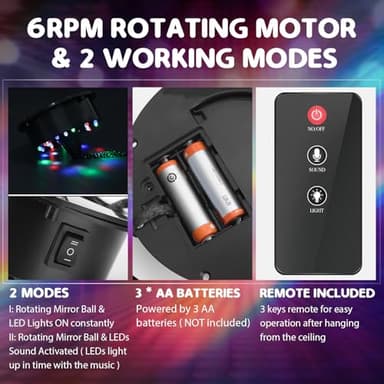 ReyeeInc Disco Ball Light with Remote, Small 6in Hanging Mirror Ball and Battery Operated Rotating Motor with 4 Light Colors and 18 LEDs for Party Decor - Image 4