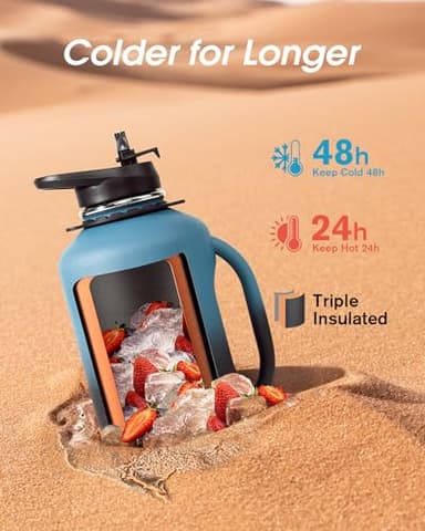 64 oz Water Bottle Insulated with Handle, Coolflask Half Gallon Water Jug With Strap Straw Stainless Steel Double-Walled Vacuum Metal Large Flask Leakproof, Keep Cold 48 Hrs Hot 24hrs, Prussian Blue - Image 3