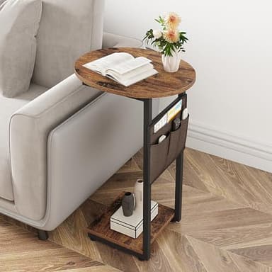 Vagusicc C Shaped End Table for Couch, Side Table Small End Table, Couch Side Table for Small Spaces, Slide Under Sofa TV Tray with Metal Frame for Living Room, Bedroom (Brown) - Image 8