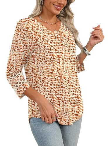 Womens Tops 3/4 Sleeve Blouses for Women Business Casual V Neck T Shirts Beach Vacation Clothes Eyelet Orange Dot XXL - Image 4