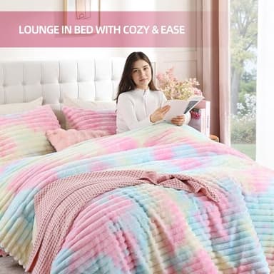 Smoofy Fluffy King Size Comforter Set 3 Pieces - Rainbow Fleece Fluffy Comforter Set, Luxury Fuzzy King Bedding Set, Soft King Bed Set All Season, Heavy Faux Fur Comforter with 2 Pillow Cases - Image 6