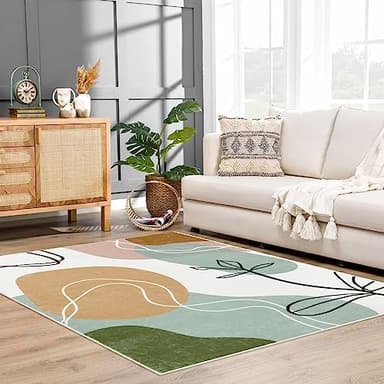 Wonnitar Boho Art 5x7 Rug, Washable Modern Abstract Living Room Area Rug, Minimalist Aesthetic Non-Slip Throw Rug for Bedroom, Non-Shedding Print Indoor Floor Carpet for Dorm Den (Art-Green,5'x7') - Image 5