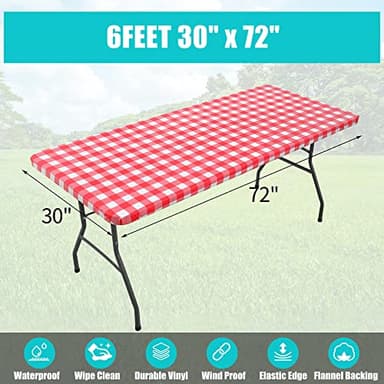 Smiry Rectangle Picnic Table Cloth, Elastic Waterproof Fitted Vinyl Tablecloths, Flannel Backed Buffalo Plaid Table Covers for Dining, Camping, Outdoor (White and Red, 30" x 72") - Image 6