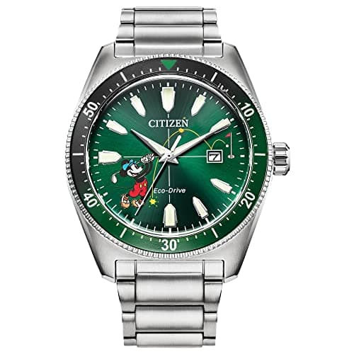 Citizen Eco-Drive Men's Disney Mickey Mouse "Tee Time" Stainless Steel Watch, Green Dial, 3-Hand Date, Luminous, 43mm (Model: AW1595-78W) - Image 1