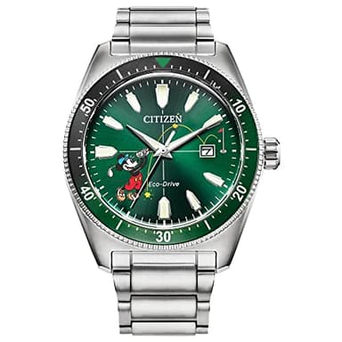 Citizen Eco-Drive Men's Disney Mickey Mouse "Tee Time" Stainless Steel Watch, Green Dial, 3-Hand Date, Luminous, 43mm (Model: AW1595-78W) - Image 1