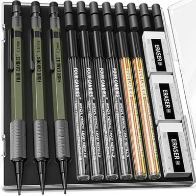 Four Candies 1.3mm Mechanical Pencil Set with 72 Lead Refill, 3PCS Metal Weatherproof Body Heavy Duty Carpenter Pencil, 3 Eraser, 16 Eraser Refill, for Outdoor Woodworking Drafting Marking with Case - Image 1