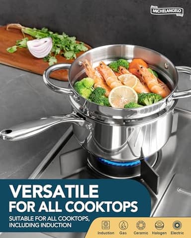 MICHELANGELO Stainless Steel Saucepans with Steamer 5Pcs, 18/10 Saucepan Set with Glass Lids, Sauce Pot Set with Triply Bottom Induction Compatible - 1QT & 2QT - Image 2