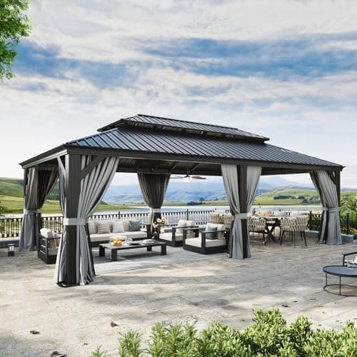 Aoxun 14' X 24' Hardtop Gazebo with Drainage System, Aluminum Outdoor Gazebo with Galvanized Steel Double Roof, Patio Permanent Metal Pavilion with Netting, for Garden, Deck, Grey - Image 1