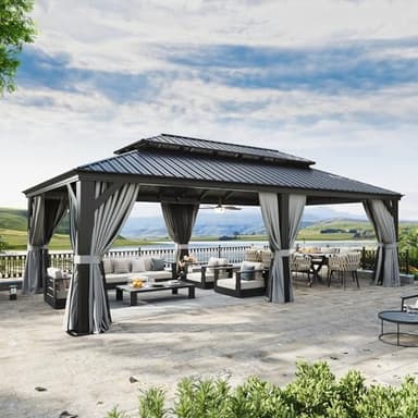 Aoxun 14' X 24' Hardtop Gazebo with Drainage System, Aluminum Outdoor Gazebo with Galvanized Steel Double Roof, Patio Permanent Metal Pavilion with Netting, for Garden, Deck, Grey - Image 1