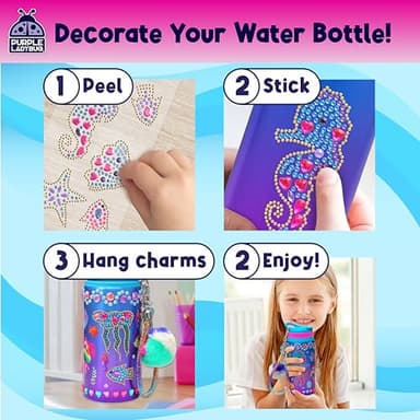 PURPLE LADYBUG Decorate Your Own Water Bottle for Girls, 22oz - Mermaid Peel-and-Stick Gemstones, Charms & Stickers Craft Set, Great Birthday Gifts for Girls 5-10 Years Old, Christmas Gift for Girl - Image 5