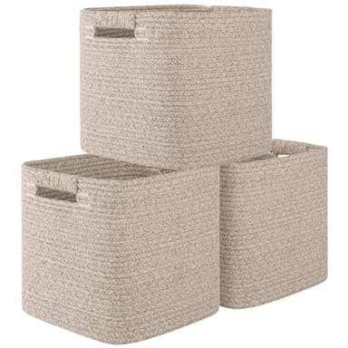 OIAHOMY Storage Cubes 11 Inch Storage Bins-3-Pack, Cotton Rope Woven Baskets for Organizing, Square Storage Baskets for Shelves Organizer, Classroom, Kids Toy Bins, Closet, Baby Nursery-Brown - Image 1