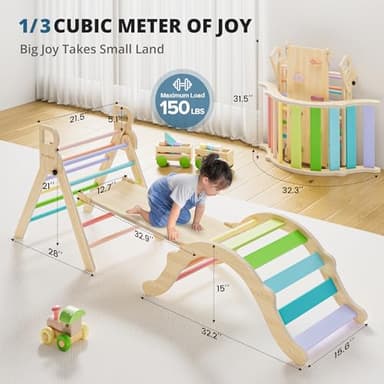 BlueWood Pikler Triangle Set, Toddler Wooden Climbing Toys Indoor 7in1 Foldable Climber for Kids, Montessori Philosophy Play Jungle Gym with Arch, Ramp, Ladder (Colorful Spring) - Image 2