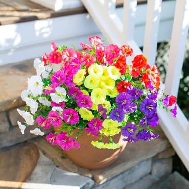 HyeFlora Artificial Flowers for Outdoors Fake Plants Outside Decoration, 12 Bundles Silk Colorful Morning Glory with Eucalyptus UV Resistant Realistic Faux Flowers for Planter Porch Patio Yard Garden - Image 9