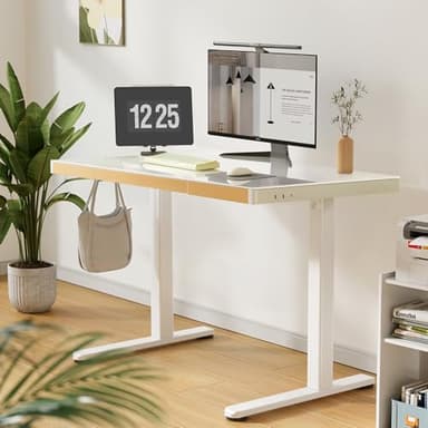 Claiks Touch Screen Glass Standing Desk with Drawers and USB Ports, 48×24 Inch Adjustable Stand Up Desk, Quick Install Home Office Glass Top Computer Desks, White - Image 2