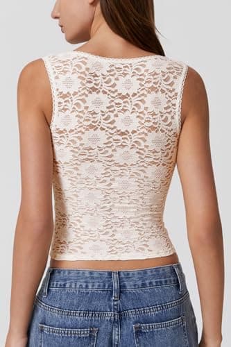 QINSEN Summer Sleeveless Lace Top for Women Tight Square Neck Soft Stretch Tank Top Off-White S - Image 3