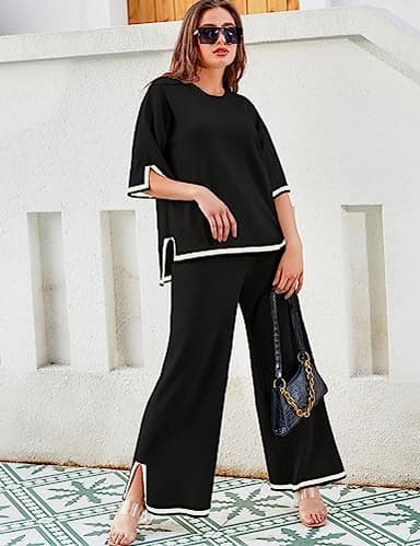 Tanming Sweater Sets Women 2 Piece Lounge Sets Short Sleeve Knit Pullover Tops Wide Leg Pants (Black-XL) - Image 3