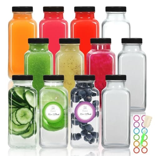 STARSIDE 16oz Glass Juice Bottles with Lids 12 Pack - Square Reusable Drinking Jars for Juicing, Milk, Kombucha - Includes 1 Sponge Brush, 12 Colored Labels - Image 1