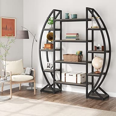 Tribesigns Oval Bookshelf, Triple Wide 5 Tier Etagere Bookcases, Industrial Display Shelves for Living Room (Gray, 55") - Image 5