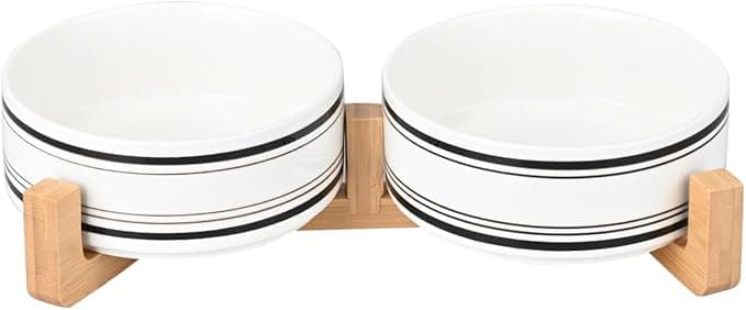 SPUNKYJUNKY Ceramic Dog and Cat Bowl Set with Wooden Stand, Modern Cute Weighted Food Water Bowl Set for Medium Size Dogs (3.6 Cups, 2 × Horizontal Stripe-White - Image 1