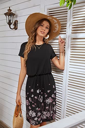 Women Summer Sleeve Pocket Work Casual Midi Knee Dress Floral Black XL - Image 3