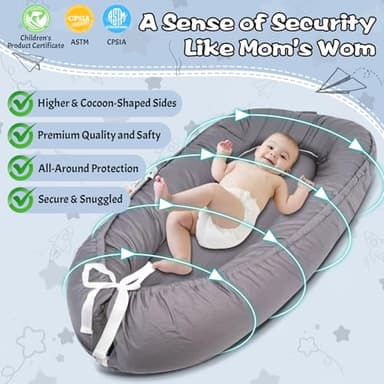 Baby Lounger, Infant Nest Cover, Newborn Lounger Cover Co Sleeper for Baby 0-24 Months, 100% Cotton Breathable Cosleeper for Baby in Bed, Soft Baby Essentials Gifts, Machine Washable (Gray) - Image 4