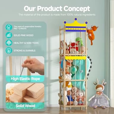 Easyego Stuffed Animal Storage Stuffed Animal Zoo, 60" Wood Large Animal Storage Toy Holder with High Elastic Rope, Zoo Organizer Cage for Nursery,Playroom,Bedroom - Image 3