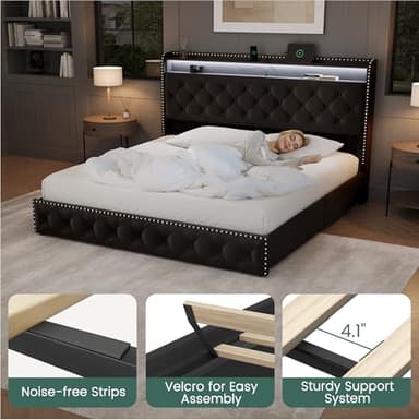 LARMACE King Size Bed Frame with 4 Storage Drawers Velvet Upholstered Tufted Bed Frame King Platform with LED Lights&USB Type-C Charging Station,Heavy Duty/No Box Spring Needed, Easy Assembly,Black - Image 9