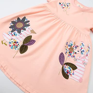 FreeLu Girls Cute Cartoon Appliques Dress Cotton Short Sleeve Summer Dresses Jersey Playwear(7T,Butterfly Sunflower Pink) - Image 3