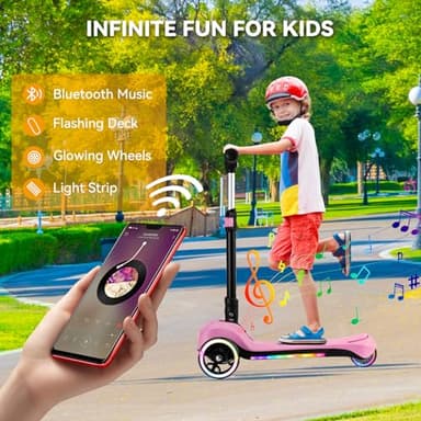 24V Electric Scooter for Kids w/150W Powerful Motor, Thumb Throttle, LCD Screen, Bluetooth, Light-Up Stem Deck & Wheels, 3 Adjustable Heights, 5MPH Safe Speed, 3 Wheel Electric Scooter for Kids, Pink - Image 4